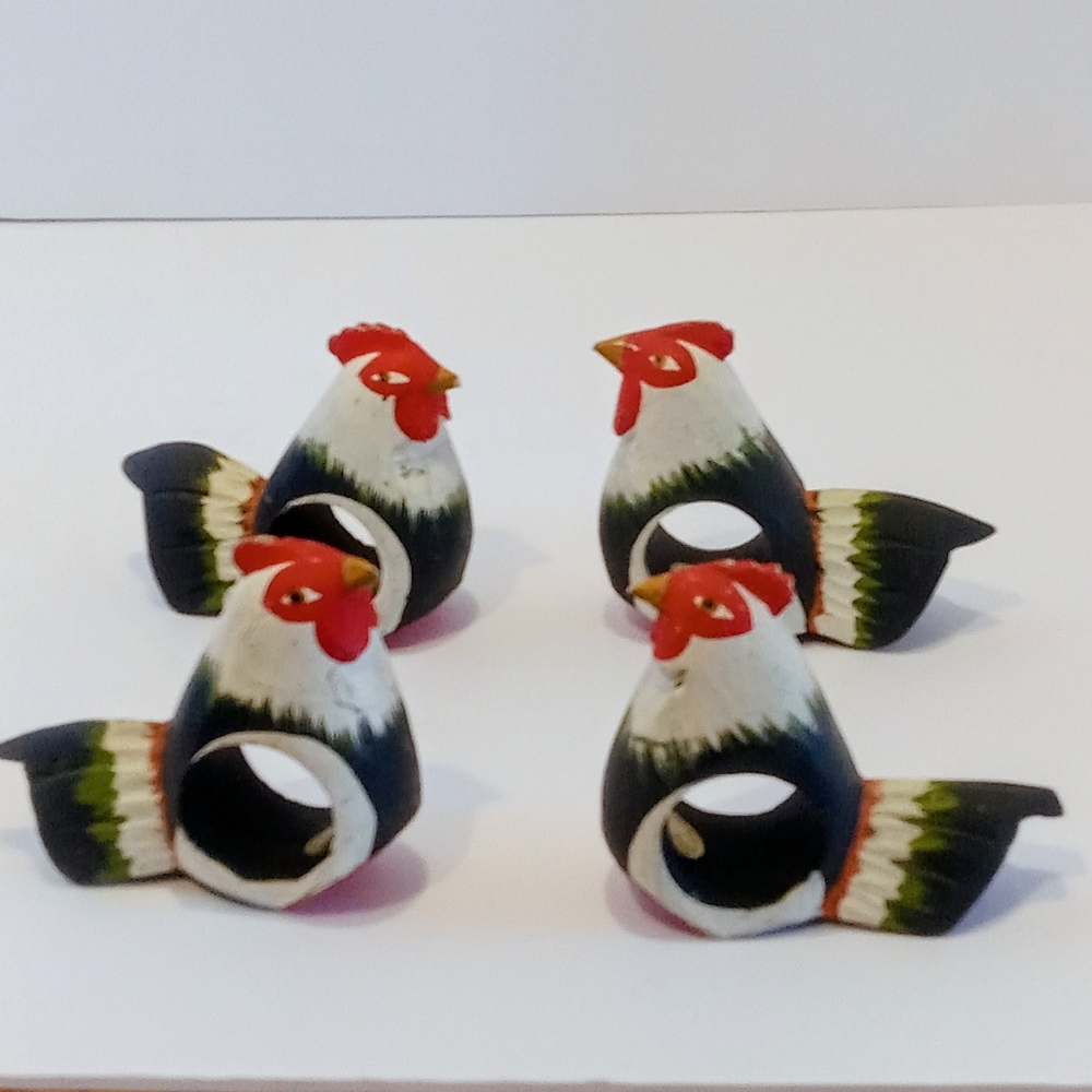 4 Wood Hand Painted Chicken Hen Rooster Napkin Holders Made in Phillipines